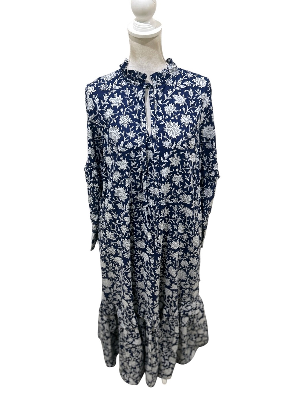 Nwt Ophelia & Indigo Tilly Navy Floral Tie-Ruffle Neck Tiered Maxi Dress Medium — image 2 of 8